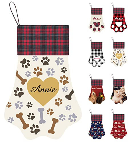 Personalisierte Weihnachtsstrümpfe für Hunde, Katzen, Haustier, Hund, Katze, Name, Foto, Süßigkeiten, Strumpfbeutel, große Pfotenform, handgefertigte Weihnachtsstrümpfe zum Aufhängen (17 Zoll)
