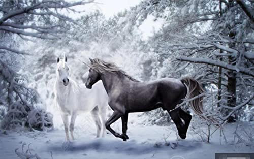 Papier Peint 3D Intissé Scène De Neige Cheval Blanc Noir Papier Peint Panoramique 3D Moderne Décoration Murale