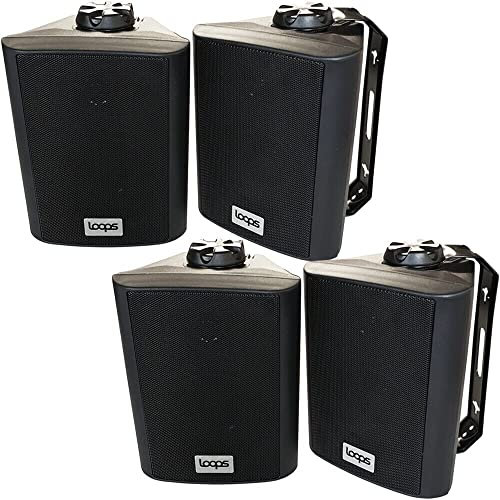 Loops 70W 4 2-Way Outdoor Stereo Speakers (2 PAIRS) -Two Pairs of Black IP55 Rated Weatherproof Satellite Speakers - Wall Mounting Brackets Included - 8 Ohm Passive Garden Bar Speakers