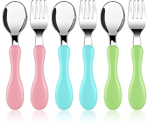 Vicloon Set de Couverts en INOX Enfant,6PCS Fourchette et Cuillère Enfant Prise Facile Acier Inoxydable pour Tout-Petit Stensiles D'apprentissage Parfaits