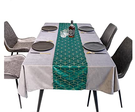 Epinki Tischläufer Vintage Hochzeit, Samt Tischläufer Sommer Samt Rhombus Muster, Tisch-Deko Tischband für drinnen und draußen Urlaub Party Wohnzimmer Dekor (Grün Gold, 32x240 cm)