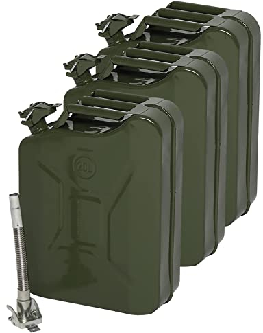 LEADZM Lot de 3 Jerricans Bidons Essence 20L en Métal avec 3 Becs Verseurs Flexibles et Aération – Bidons Carburant en Acier, Étanches aux Odeurs, Norme UN – Pour Essence, Diesel et Bioéthanol (Vert)