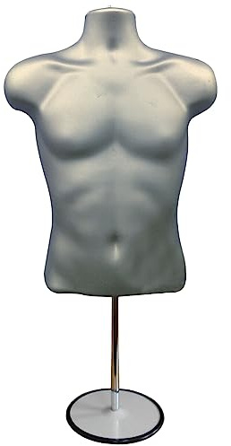 Display Guru Male Hanging Mannequin Half Body Form 3 Quarter Shop Bust Display With Round Stand (Silver)