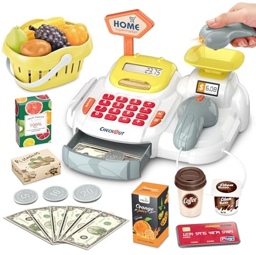 Sotodik Giocattoli del registratore di cassa Scanner con Lettore Reale e Lettore di Carta Set di Accessori per Negozi e Supermercati per Bambini Include Alimenti Giocattolo (668-117-YE)
