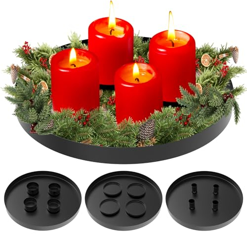 3 in 1 Magnetischen Kerzentablett, 30cm Adventskranz Metall Kerzenhalter Stumpenkerze, Stabkerzen, Magnet Kerzen Leuchter Ständer, Magnetischen Teelichter Deko Kerzenhaltern für Weihnachten (Schwarz)