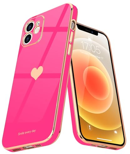 Teageo for iPhone 12 Case Cute Heart Pattern for Women Girls Slim Luxury Bling Plating Soft TPU Anti-Scratch Shockproof Bumper Phone Case for iPhone 12, Hot Pink
