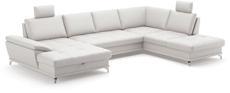Cavadore Wohnlandschaft Castiel mit Federkern / Sofalandschaft mit XL-Longchair, Bett, Bettkasten, Sitztiefenverstellung, Kopfstützen und Metallfüßen / 363 x 89-104 x 223 / Echtleder, Weiß