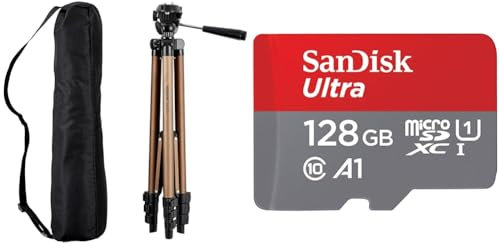 Amazon Basics 127 cm (50 Inch) Lightweight Tripod with Bag, Black/Brown & SanDisk 128GB Ultra microSDXC card + SD adapter up to 140 MB/s with A1 App Performance UHS-I