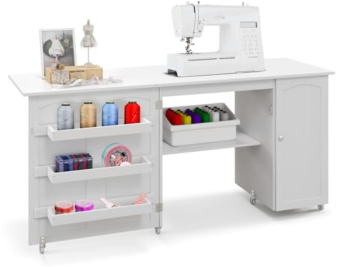 COSTWAY Folding Sewing Table, Rolling Craft Table Hobby Desk with Storage Shelves, Side Cabinet and Lockable Wheels, Space Saving Drop Leaf Sewing Machine Table Computer Desk Workstation (White)