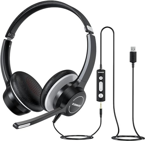 KONNAO Cuffie USB microfono, Cuffies per computer cablate da 3,5 mm con microfonos di cancellazione del rumore, headphones stereo con MIC per PC, Controlli in linea, Cuffie da lavoro per Skype Zoom