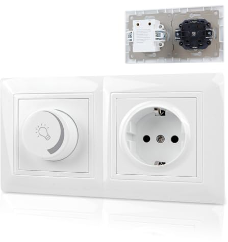 BrightArk Interruttore dimmer per presa 16 A, dimmer con presa, set 2 prese, colore bianco, dimmer con interruttore on/off, per lampade dimmerabili