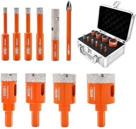 BGTEC Diamond Hole Saw Kit Marsonry Drill Bits, 10pcs 5/6/6/8/20/25/28/35mm with Hex Shank+6mm Carbide Drill+10mm Milling Finger Bit for Granite Marble Porcelain Tile Ceramic