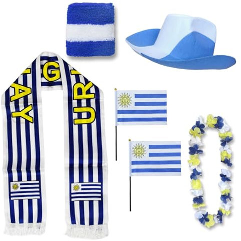 Sonia Originelli Fanset Fanartikel Fanhut Blumenkette Fanschal Schweißband Fähnchen WM EM Farbe: Uruguay