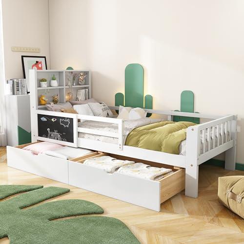 KUAKE Kinderbett 90 x 200cm Rausfallschutz Bett, Holzbett mit Schubladen und Tafel, Lattenrost, Einzelbett für Kinder, ohne Matratze, Weiß