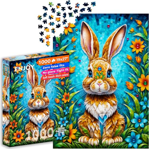 1000 Pieces Jigsaw Puzzle for Adults – Matte Finish, Soft Touch, Sturdy and Unique Pieces, Tight Fit, Vivid Colors, Missing Pieces Service – Cute Bunny in Flower Garden Illustration – by ENJOY Puzzle