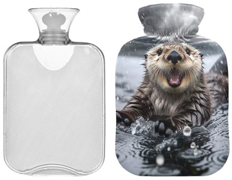 Funny Sea Otter in The Rain Hot Water Bottle with Soft Cover, 1 Liter Hot Water Bag for Shoulder Period Pain Relief, PVC Hand Feet Warmer