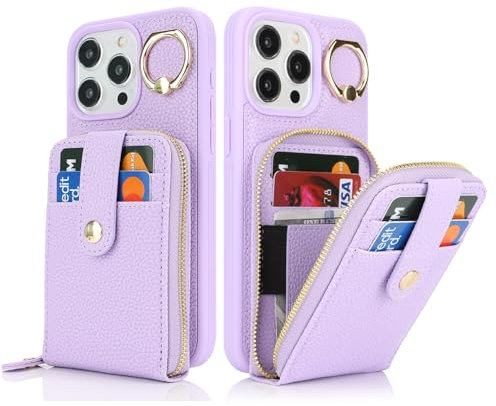 SailorTech iPhone 15 Pro Max Case with Ring Stand, Credit Card Holder - Purple Leather Wallet Case