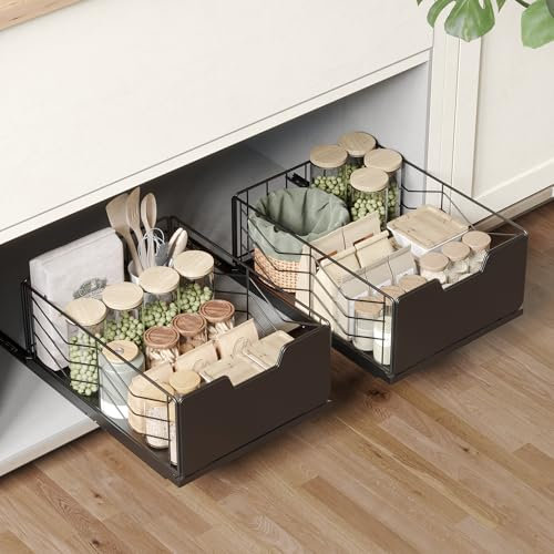 NETEL 2-Pack Pull Out Cabinet Organiser, No Drill Slide Out Drawers for Kitchen Cabinets, Pull out cabinet sliding baske, kitchen storage & organisation, 30cm pull out drawer, Black