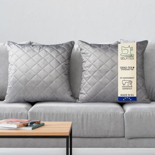 Selfitex 2er Set Sofakissen, 50x50 cm, samtiger Velours Bezug, inkl. Füllkissen, weiche Oberfläche mit Prägemuster, hohe Stoffdicke, wasserabweisend, luxuriöser Glanz, weiche Dekokissen (Grau)