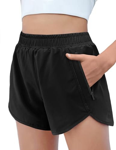 Arshiner Shortss Fille Noir Sport d'été Activewear Pantalons Court Pantalon d'entraînement pour Enfants avec Doublure en Maille Shorts de Cyclisme avec Poches Zippées 9-10 Ans