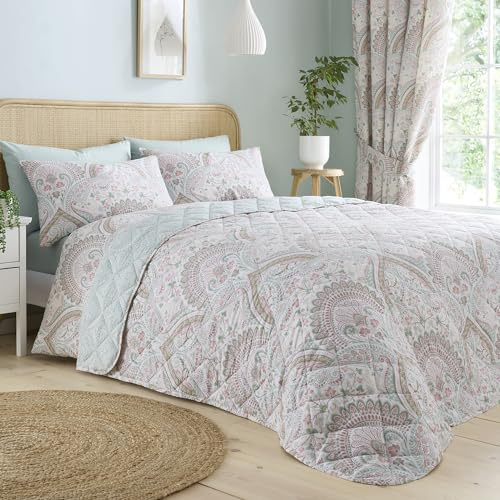 Dreams & Drapes Jacobean Bedspread – Green Floral Damask Design – Moroccan Boho Style – W90 x L78 (230 x 200cm) – Soft Decorative Throw for Bedroom – Vintage Patterned Bedspread