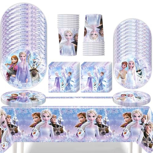 51 Stück Frozen Partygeschirr Set,Frozen Geburtstagsdeko,Frozen Party Supplies,Frozen Birthday Party,Kindergeburtstag Party Tableware Supplies für Mädchen Eiskönigin Geburtstagsdeko,Party Deko