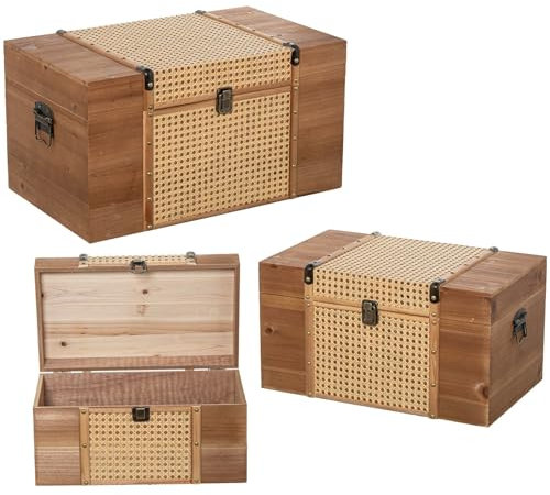 DRW Set mit 3 Truhen aus Holz und Weide in Natur, 56 x 30 x 34 cm