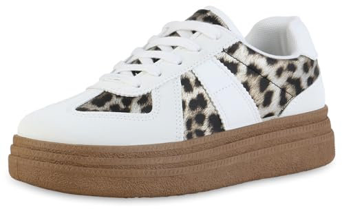 VAN HILL Damen Plateau Sneaker Plateau Basic Trendy Schuhe 216669 Weiss Leo 37