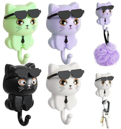 4 Stück Selbstklebende Kleiderhaken, Niedliche Cartoon Katze Schlüsselhaken, Schlüsselhaken katzen, No-Punch Haken für Kleidung, Schlüssel, Taschen (4)