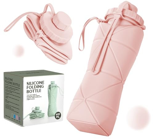 Yabonie Collapsible Water Bottles, Foldable Silicone Water Bottle 600ml, Lightweight Folding Water Bottle Reusable Leakproof for Camping Hiking Cycling Travel Yoga Sports Outdoor (Pink)