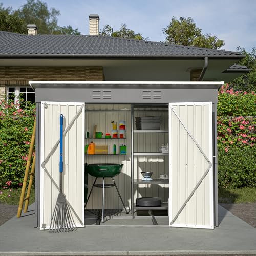 Jaxenor Gartenhaus Metall, 242×126×182cm, Garten Geräteschuppen Metall, Gartenschrank Wasserdicht für Outdoor Terrasse, Gerätehaus, Inkl Metallfundament (ohne Boden), Grau