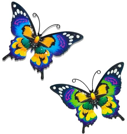 MSLSOZ 2 Stück 18 x 13 cm Metall-Schmetterling-Wanddekorationen, Wandmontage, Metallzaundekoration, Außenwanddekorationen für Gärten, geeignet für Innen-/Innenhof/Zaundekoration (gelb + grün).