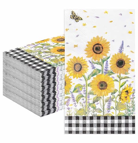 HEIPINIUYE 50 Stück 3-lagige Sonnenblumen-Papierservietten, Blumen-Gingham-Gäste-Servietten, Einweg-Handtücher für Badezimmer, Hochzeit, Geburtstag, Party, Blumen-Dinner-Servietten