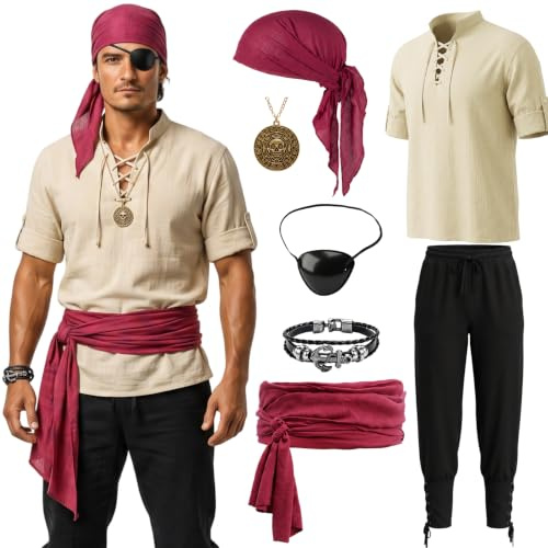 SERTAS Costume de pirate 7 pièces pour homme, costume de pirate pour homme, costume d'Halloween pour carnaval, fêtes costumées