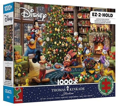 CEACO - Thomas Kinkade - Mickey & Minnie Trimming The Tree - 1000 Piece EZ 2 Hold Holiday Jigsaw Puzzle - Festive Puzzles for Adults – Precision-Cut Pieces and Hours of Relaxing Fun