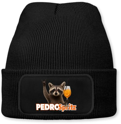 Prozente Momente Pedro Spritz – lustige Wintermütze | Beanie für Damen & Herren, warm, elastisch & Unisex, Strickmütze mit Patch & Druck, perfekt für Après-Ski, Weihnachtsmarkt & Fasching