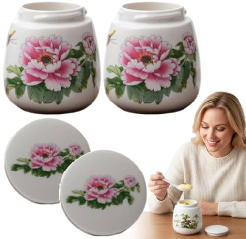 Coddled Egg Cups, Egg Coddlers Sets with Lids, Vintage Style Ceramic Coddled Eggs Cooker, 220ml Porcelain Steamed Eggs Dish, Retro Chawanmushi Dessert Tableware for Daily Use (E)