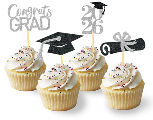 24 Stück Glitzer 2026 Graduation Cupcake Toppers | Abschlussfeier Cupcake toppers, Bachelor Hut Deko in Silber, Abschluss Deko für Graduation Abschlussparty Dekoration