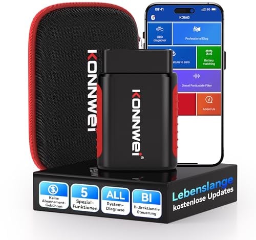 KONNWEI KDIAG Valise Diagnostic Auto OBD2 Multimarque pour iOS et Android | 5 Resets, Inspection Moteur, Smog Check, Scanner Bluetooth Tous Systèmes OBD2 Scanner, Aucun Abonnement Requis