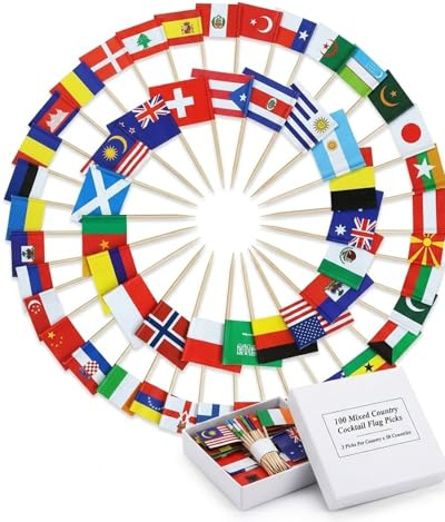 YIPFEN Palillos Banderas de Países 100 pzs Madera – 50 Naciones para Fiesta Mundial, Eurocopa, Decoración Cócteles, Aperitivos, Postres.