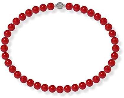 Schmuckwilli Perlenkette für Damen Magnetverschluß - 42cm Länge mit 10mm großen roten runden Mallorca Perlen - Muschelkernperlen Kette für jeden Anlass - die Halskette Pearl Necklace für Frauen