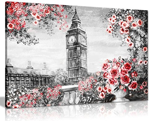 London Oil Painting Black White Red With Roses Canvas Wall Art Picture Print (36X24)