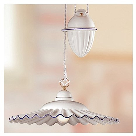 Lampadario saliscendi in ceramica con contrappeso e piatto plissettato vintage - Ø 43 cm - Marrone