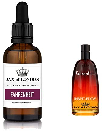 Jax of London Fahrenheit Bartöl für Männer 50ml, Bartpflegeöl, Bartwachstumsöl für Männer, Besteht aus Vitamin E, Avocadoöl, Mandelöl, Jojobaöl, Luxuriösem duftendem Bartöl, Herren-Köln-Duft.