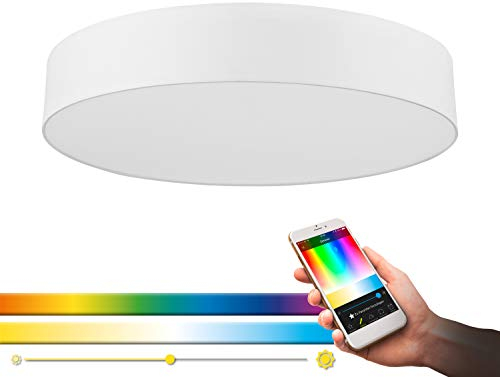 EGLO connect LED Deckenleuchte Romao-C, 1 flammige Deckenlampe aus Stahl, Textil und Kunststoff in Weiß, mit Fernbedienung, Farbtemperaturwechsel (warm, neutral, kalt), RGB, dimmbar, Ø 76 cm