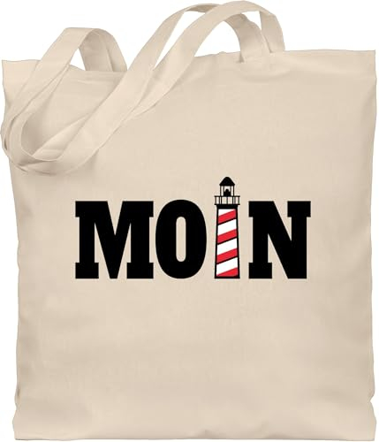 Shirtracer Baumwolltasche - Sprüche Statement - Moin mit Leuchtturm - schwarz - Unisize - Naturweiß - jutebeutel norddeutsch statements tasche sprüchen sport 25. geburtstag aufschrift spruch