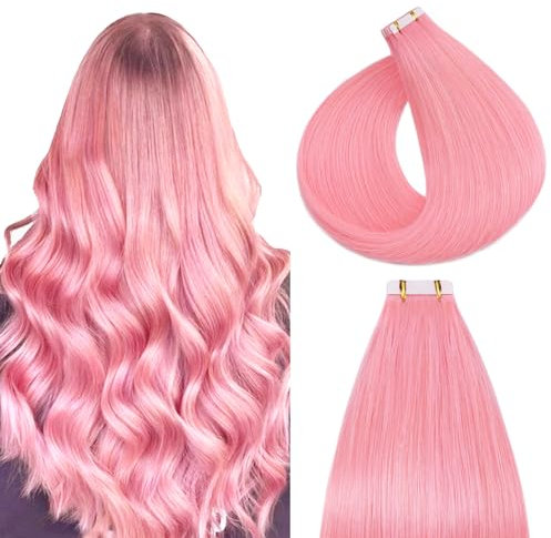 Silk-co Tape Extensions Echthaar 20stk, Haarverlängerung Tape in Extensions Echthaar, Remy Haarextension Kleber Skin Weft Tape Ins, 50g PINK# Rosa 45cm