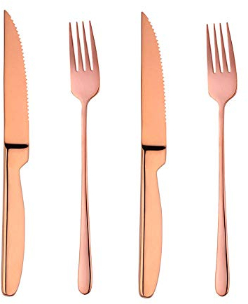 BISDARUN Steak Cutlery Sets Rose Gold Serrated Steak Knives and Forks Set Serves for 2 Stainless Steel Dinner Forks X2 Steak Knives X2, Table Knives and Forks Set Dishwasher Safe