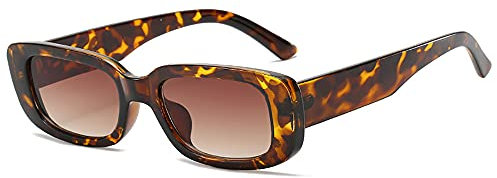 RUNHUIS Retro Rechteck Sonnenbrille Damen Herren Chunky Sonnenbrille Vintage Small Square Fashion Brille (Leopard/Tee)