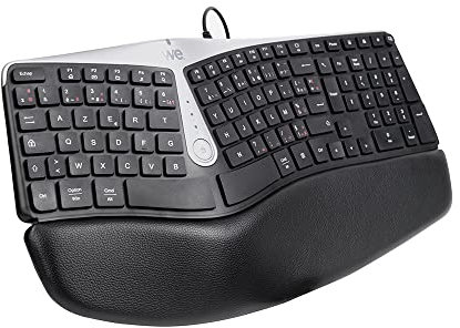 WE Wired ergonomic keyboard with integrated wrist rest, 12 multimedia keys, two-part design provides natural posture